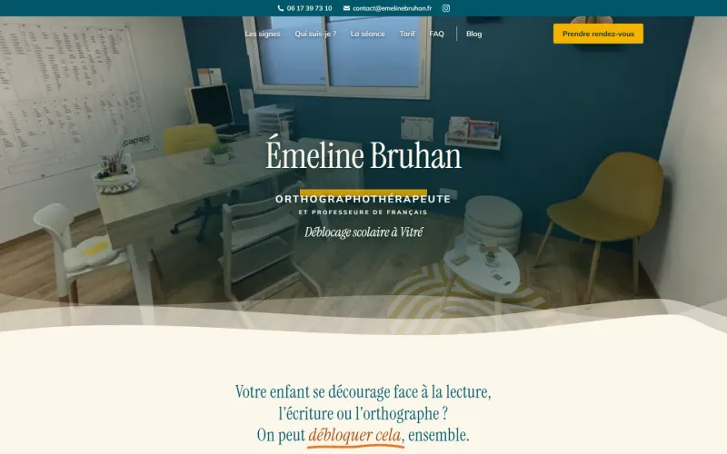 Page d'accueil du site d'Émeline Bruhan, orthographothérapeute à Vitré